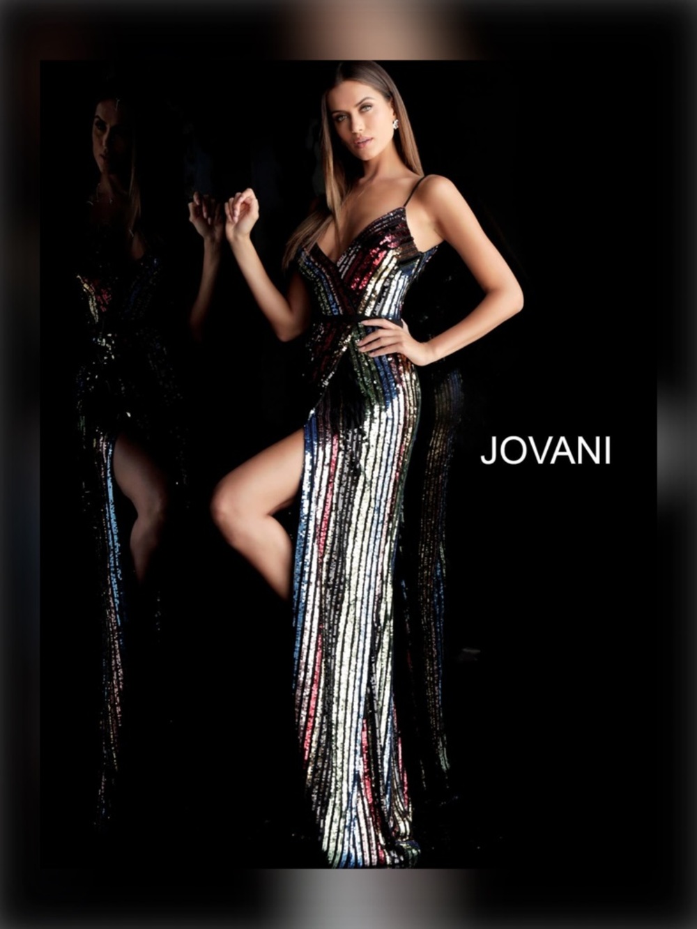 JOVANI V-neck Multicolor Sequin Stripe Gown